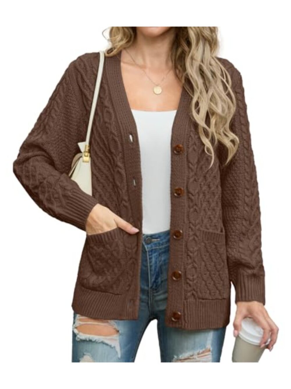 Women's Cable Knit Open Front Cardigan Long Sleeve Button Down Pockets